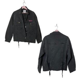 Vintage Cache denim traveler lace up back‎ embellished black jean jacket S/M